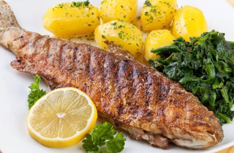 Dish - fried fish with chard