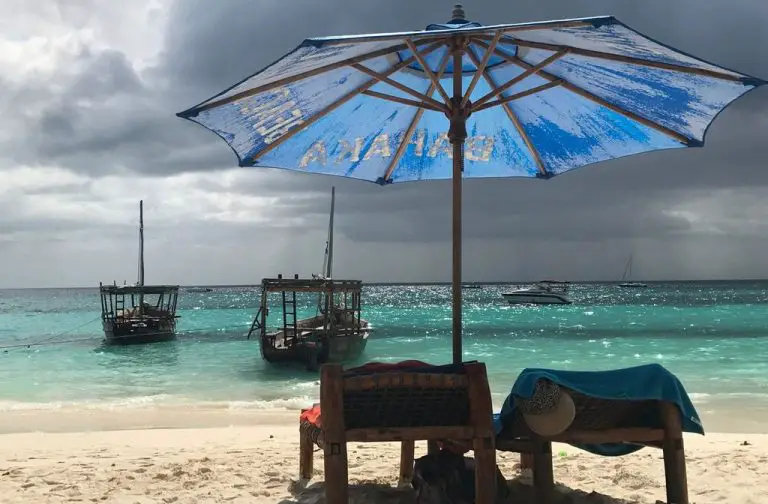 There are sun loungers with umbrellas on the beaches of Nungwi.