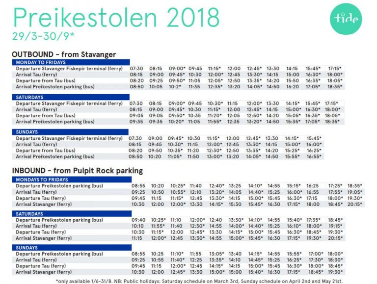 Schedule of transport to Prekestulen