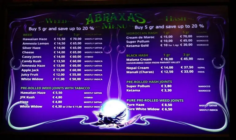 Prices in the coffee shop Abraxas
